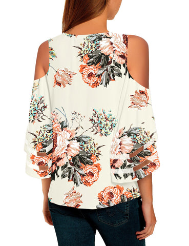 Ivory Floral Women's Cold Shoulder Loose Shirt Tops 3/4 Bell Mesh Sleeve Blouse