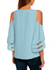 Back view of model wearing sky blue 3-4 bell mesh panel sleeves cold-shoulder loose top