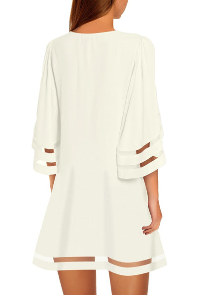 Back view of model wearing white 34 bell sleeves mesh panel crew-neckline loose dress
