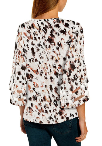 Leopard Print Beige Women's V Neck Shirt Printed Top 3/4 Bell Sleeve Mesh Panel Blouse
