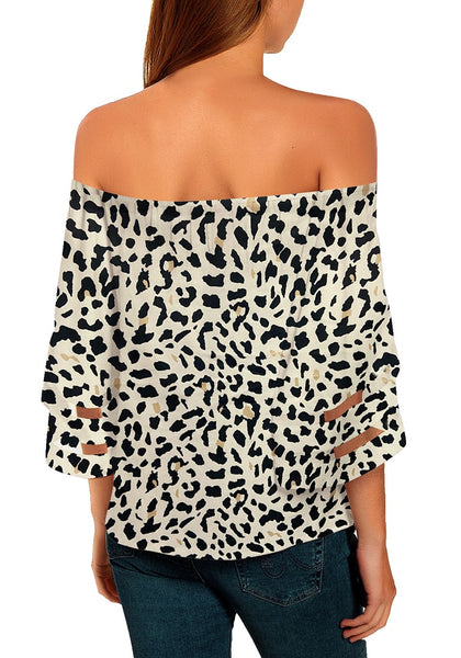 Back view of model wearing white leopard 3-4 bell mesh panel sleeves tie-front off-shoulder top