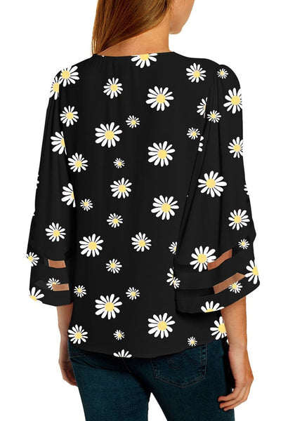 Back view of wearing black V-neckline mesh panel blouse 3/4 bell sleeve loose floral top