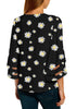 Back view of wearing black V-neckline mesh panel blouse 3/4 bell sleeve loose floral top