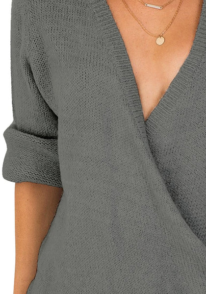 Close up shot of dark grey lantern sleeves surplice sweater's details