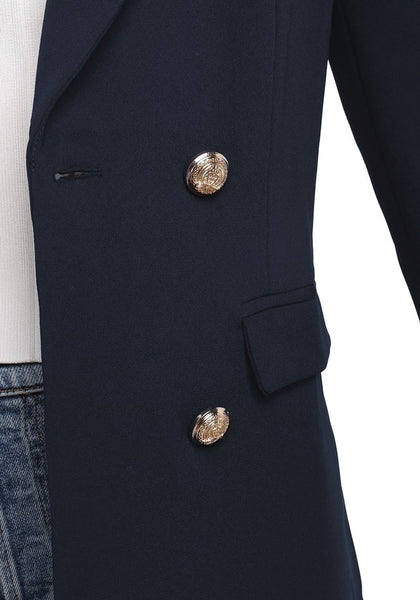 Close up shot of navy notch lapel double-breasted blazer's details