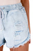 Closeup shot of light blue raw hem drawstring distressed denim shorts