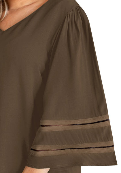 Close up shot of brown 3-4 ribbon mesh panel sleeves V-neckline loose top's details