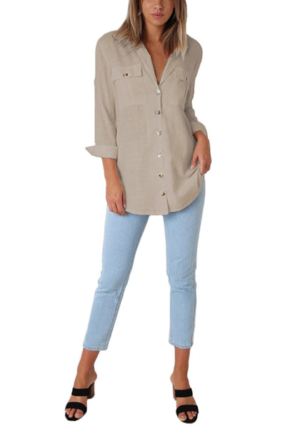 Front full body shot of model wearing khaki long cuffed sleeves lapel button-up blouse