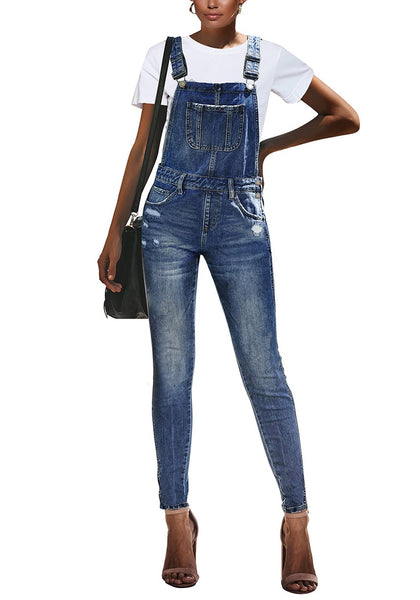 Front view model wearing dark blue ripped skinny jeans denim bib overalla