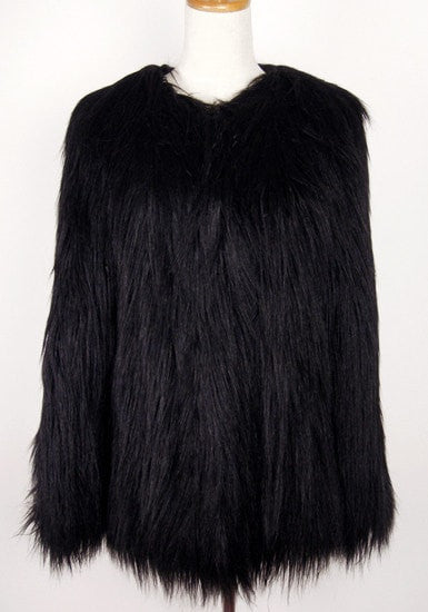 Front view of black faux fur coat