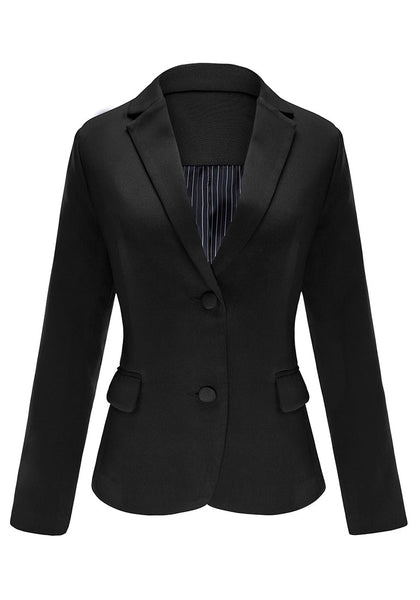 Front view of black flap pocket single breasted lapel blazer's 3D image