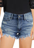 Front view of medium blue frayed hem distressed denim shorts