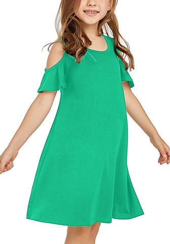 Green Cold Shoulder Ruffle Short Sleeves Girl Tunic Dress