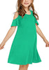 Front view of little girl wearing green cold shoulder ruffle short sleeves girl tunic dress