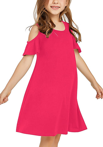 Hot Pink Cold Shoulder Ruffle Short Sleeves Girl Tunic Dress