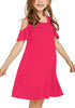Front view of little girl wearing hot pink cold shoulder ruffle short sleeves girl tunic dress