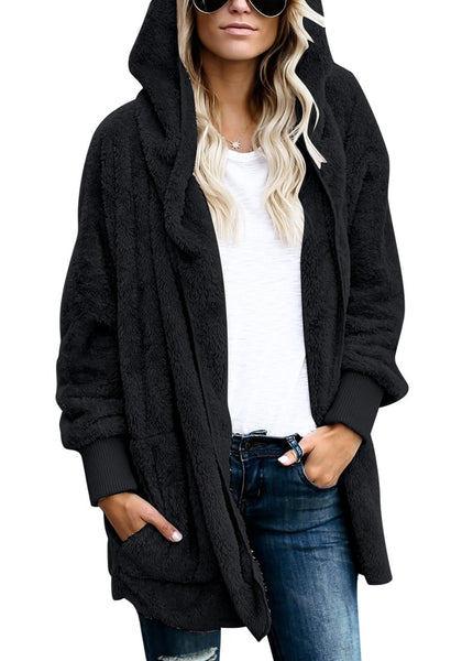 Front view of model in black fleece open front cardigan coat-min
