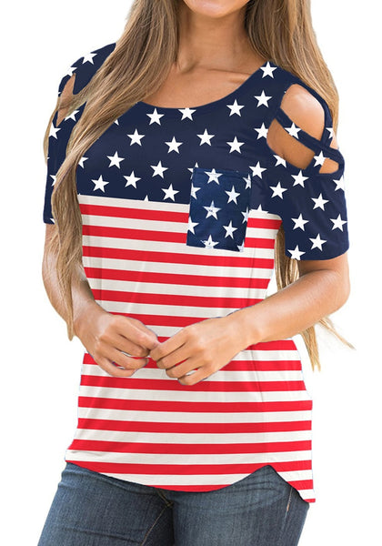 Front view of model wearing American flag crisscross cutout shoulder blouse
