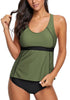 Front view of model wearing army green racerback tankini set
