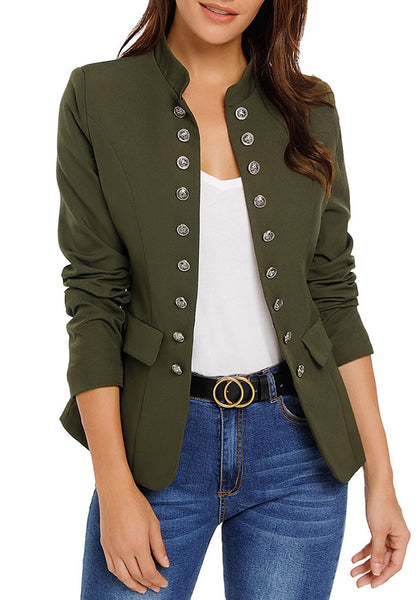 Front view of model wearing army green stand collar open-front blazer
