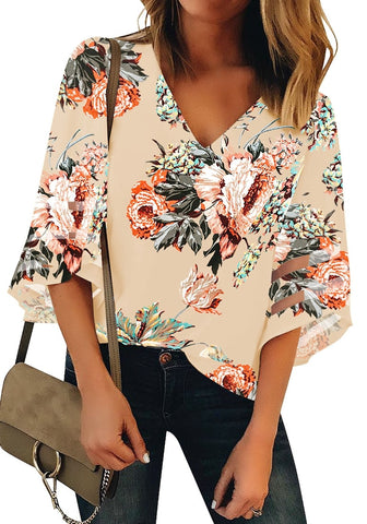 Women's V Neck Shirt Printed Top 3/4 Bell Sleeve Mesh Panel Blouse