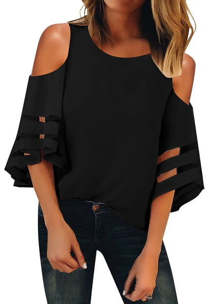 Front view of model wearing black 34 bell mesh panel sleeves cold-shoulder loose top