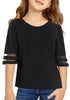 Front view of model wearing black 3/4 bell mesh panel sleeves girl top