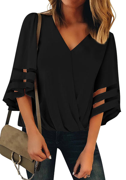 Front  view of model wearing black V-neckline mesh bell sleeves loose wrap blouse