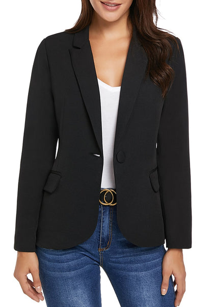 Front view of model wearing black back-slit notched lapel blazer