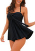 Front view of model wearing black bow knot-front sweetheart swing tankini set