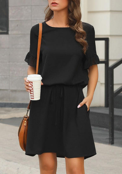 Front view of model wearing black drawstring-waist ruffle short sleeves mini dress