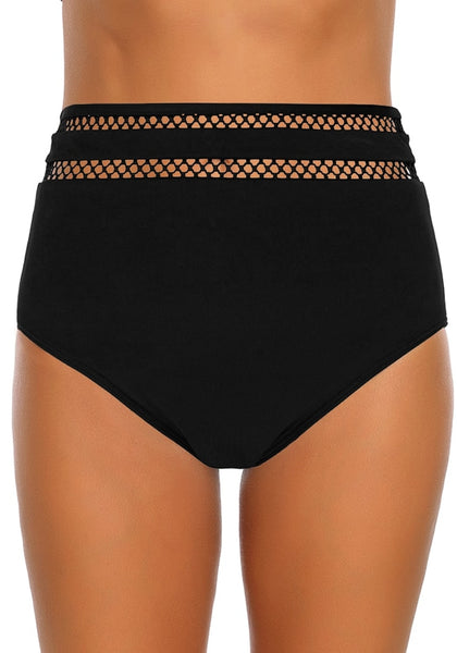 Front view of model wearing black fishnet panel high-waist bikini bottom