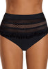Front view of model wearing black fishnet panel pompom high-waist bikini bottom