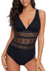 Front view of model wearing black lace crochet V-neckline swimsuit