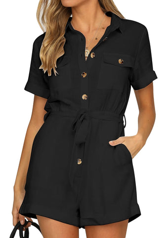 Black Short Sleeves Button-Down Belted Rompers