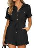 Front view of model wearing black short sleeves button-down belted rompers