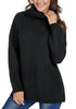 Front view of model wearing black side slit turtleneck textured knit sweater