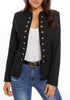 Front view of model wearing black stand collar open-front blazer
