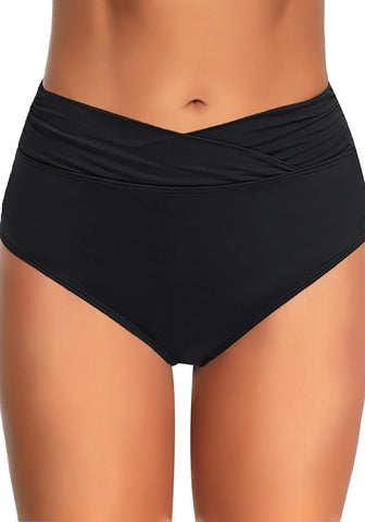 Black Surplice-Waist Ruched Bikini Bottom