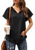 Front view of model wearing black tie-up neckline flared short sleeves plain top