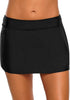 Front view of model wearing black zipper-pocket waistband skirted bikini bottom