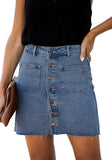 Front view of model wearing blue button-down denim mini skirt