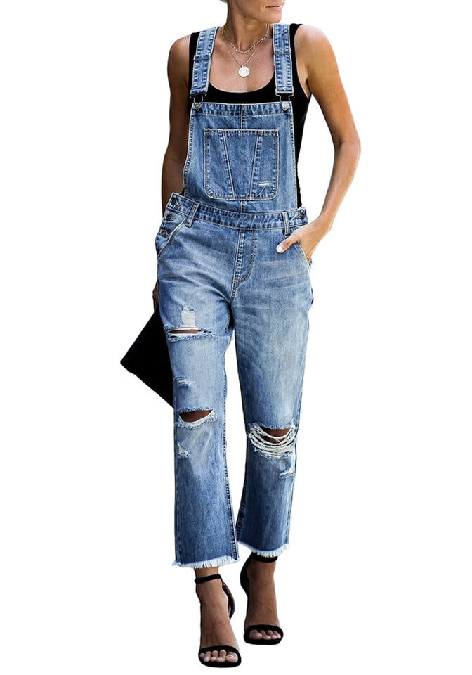 Women's Washed Denim Bib Jeans Overalls Casual Ripped Denim