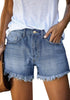 Front view of model wearing blue frayed hem washed denim jeans shorts
