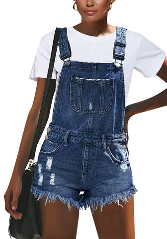 Women's Ripped Denim Bib Overall Shorts Raw Hem Shortall Jeans