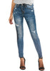 Front view of model wearing blue high-rise ripped skinny denim jeans