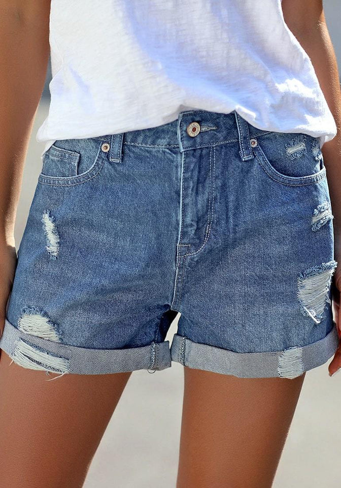 Blue Roll Over Distressed Denim Shorts Lookbook Store