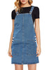 Front view of model wearing blue side pockets overall denim pinafore dress