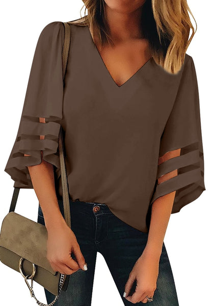 Front view of model wearing brown 3/4 bell mesh panel sleeves V-neckline loose top