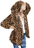 Front view of model wearing brown leopard-print snuggle fleece oversized hooded cardigan